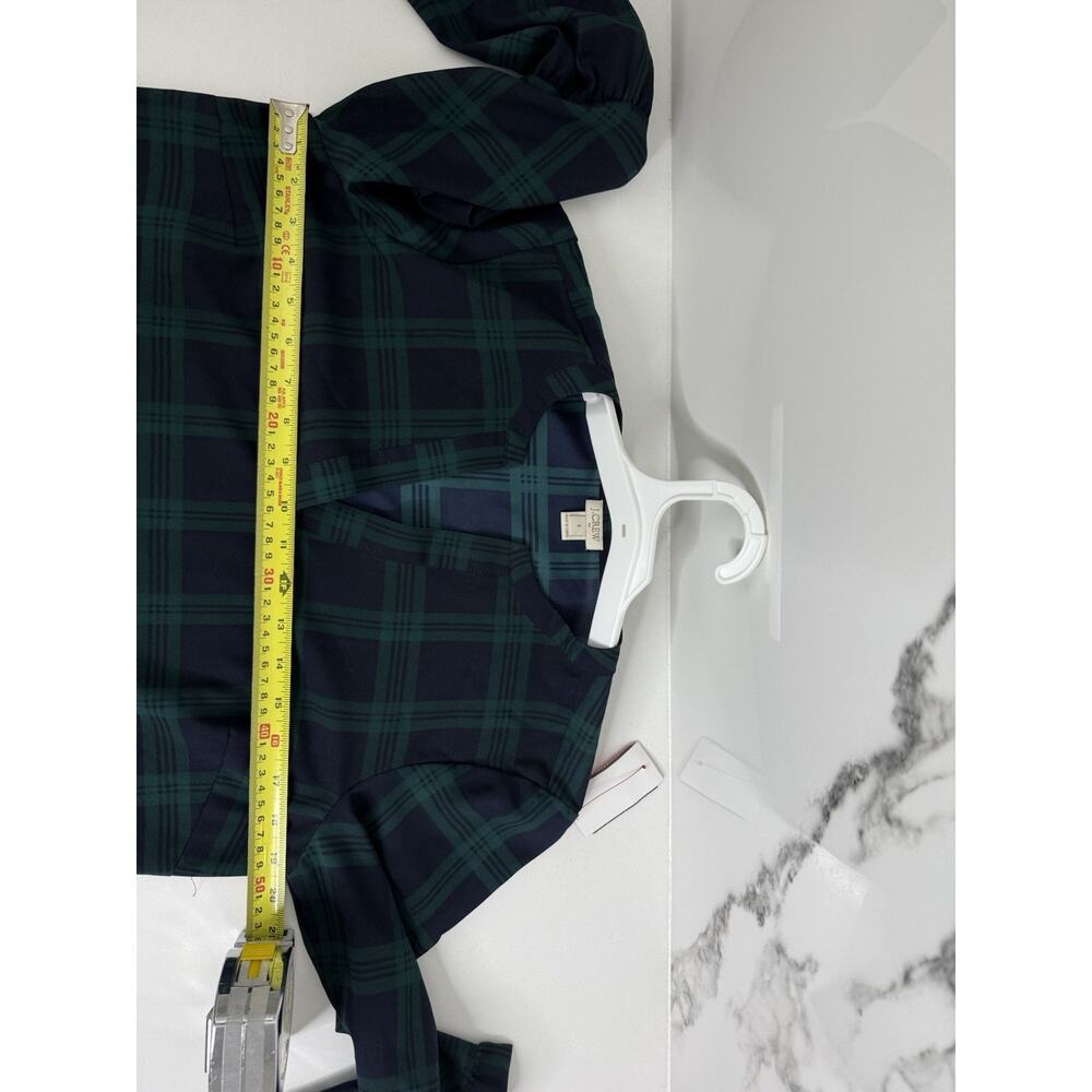 J.CREW Blouse Top XXS Green & Navy Tartan Plaid V Neck 3/4 Bell Sleeves Preppy - Picture 7 of 7